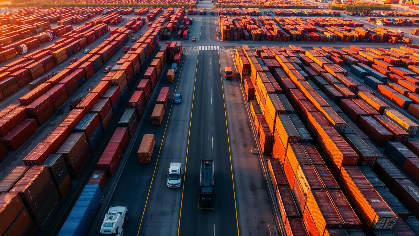 Aerial view of a busy container yard with stacked shipping containers